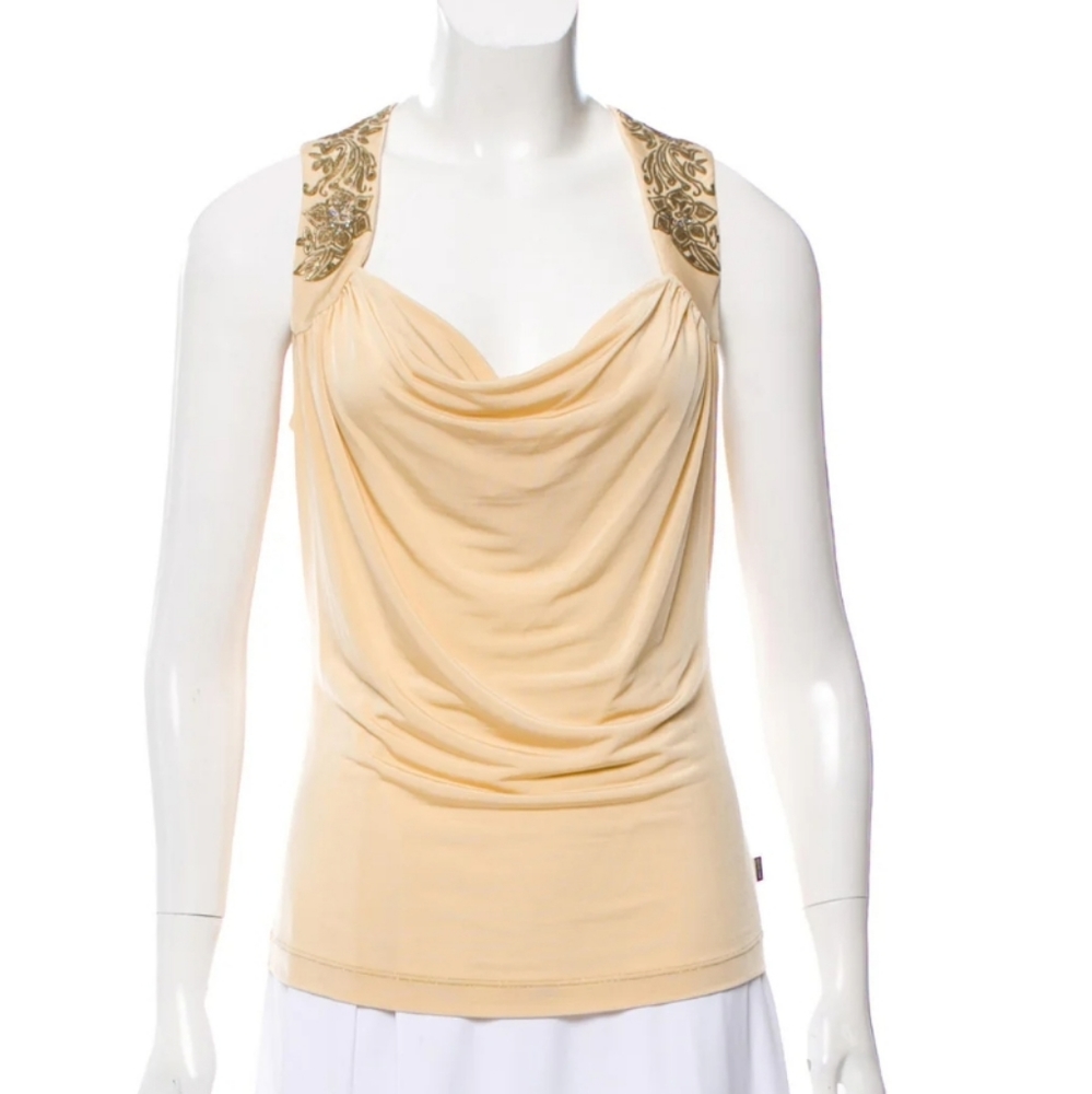 Roberto Cavalli Nude Beige Crystals Embellished Stretch Sleeveless Top size S